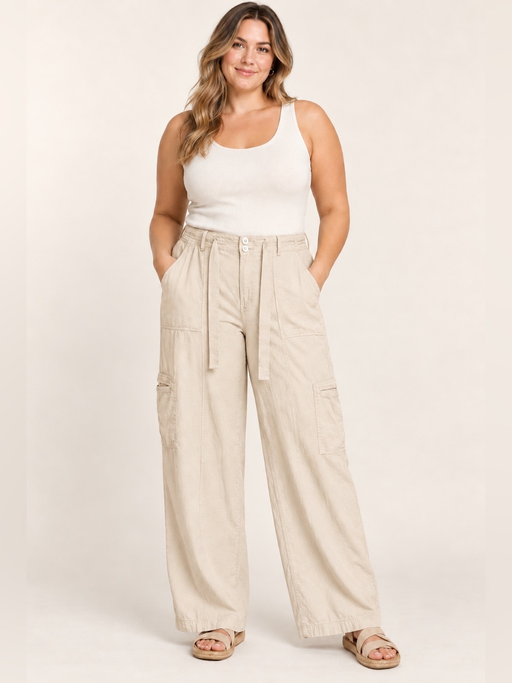 Maurices Wide-Leg Cargo Pants with Tie Waist in Light Beige 55%linen45%Rayon